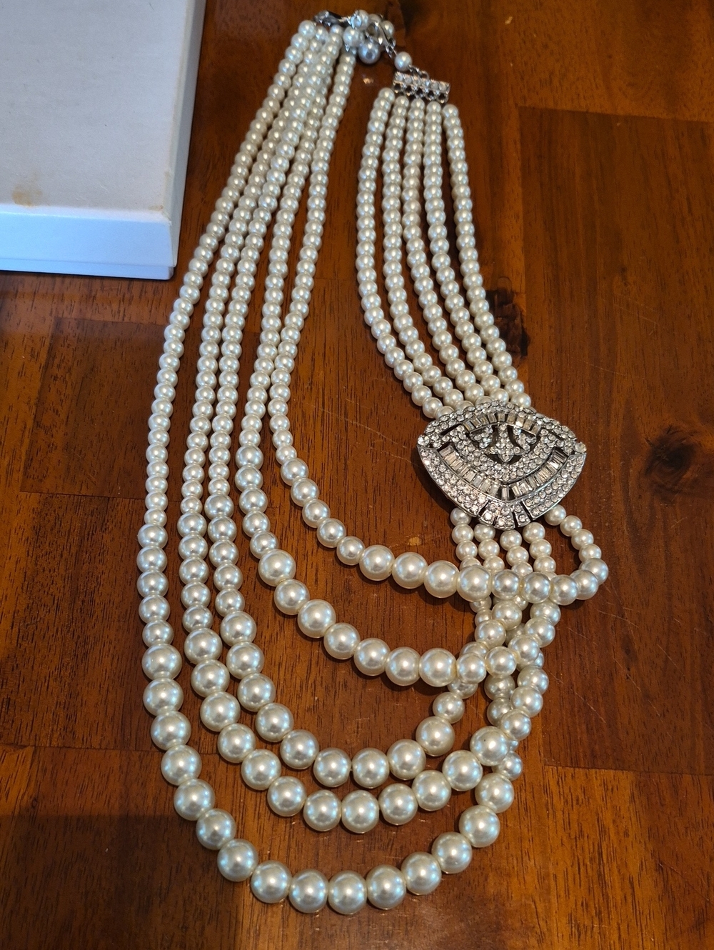 Multi-Strand Faux Pearl Necklace with Crystal Clasp - Ivory